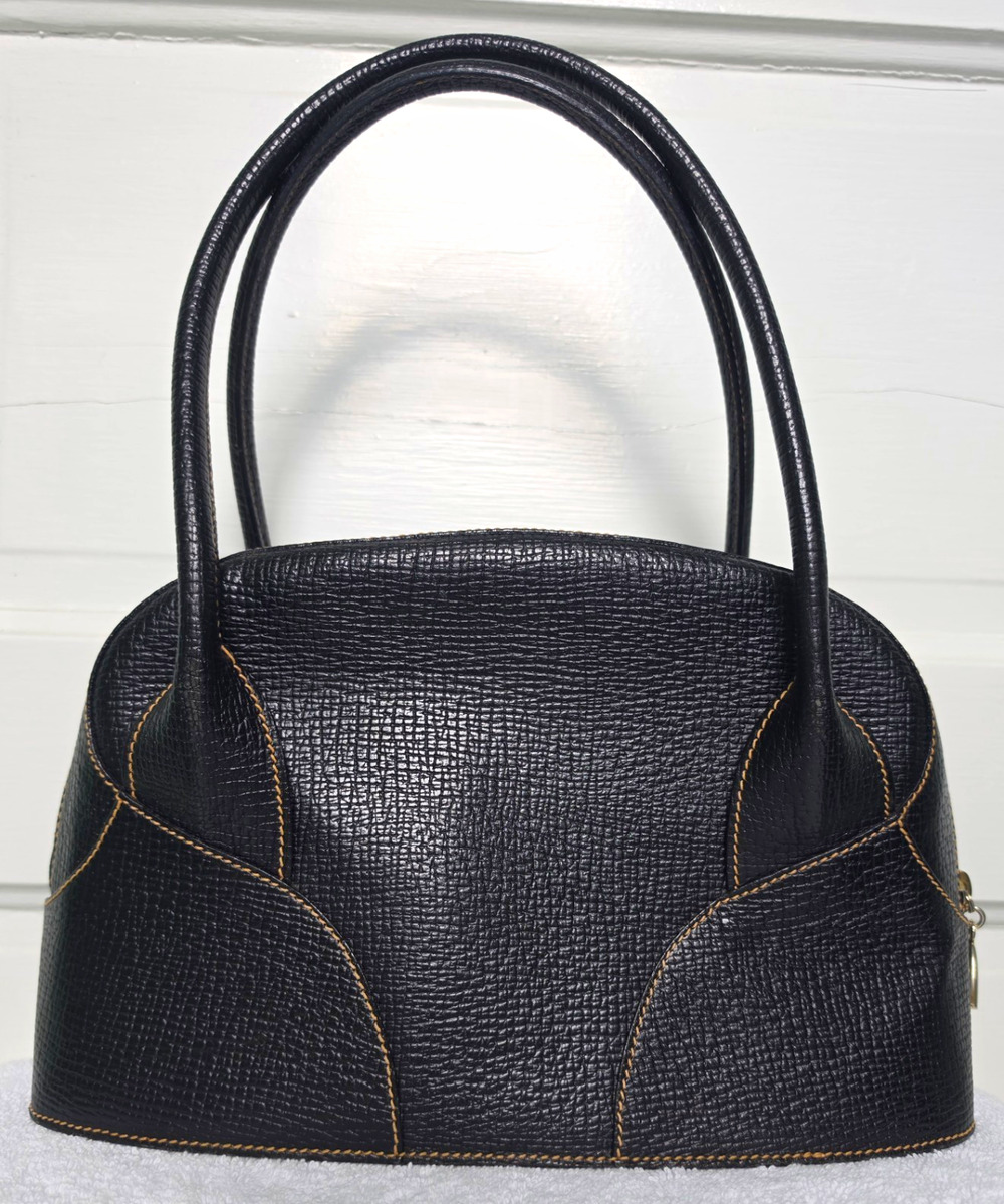Loewe Black Textured Satchel Top Handle Zip Gold Hardware Tan Lining w/COA